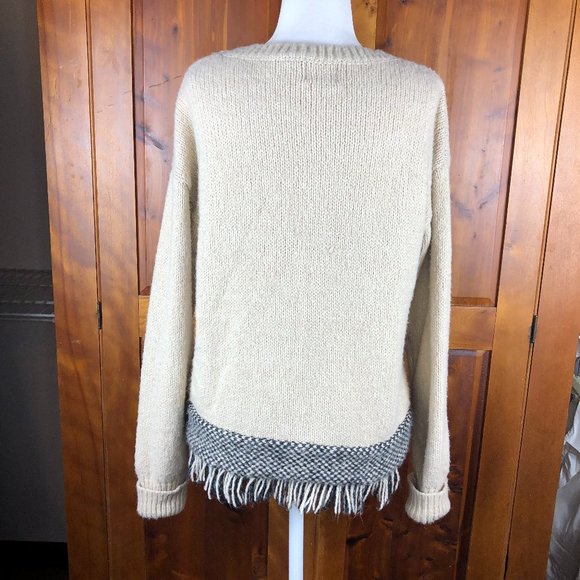 Press Cream & Black Cozy Boho Aztec Wool Blend Crew Neck Fringed Sweater Western - Picture 3 of 13